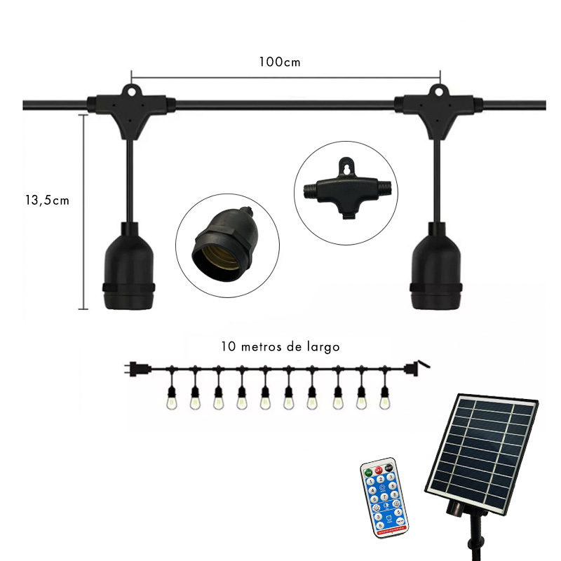 Guirnalda Solar LED para Exterior 10m – Soquete Colgante para 10 Ampolletas E27 (ncluidas) DEMQSA01000-K1 - Imagen 3