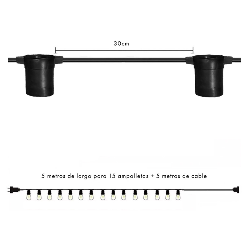 Guirnalda de Luces LED para Exterior 5m con Soquete para 15 Ampolletas E27 + 5m Extensión de Cable | No Incluye Ampolletas ni Enchufe DEMRQ01000 - Imagen 2