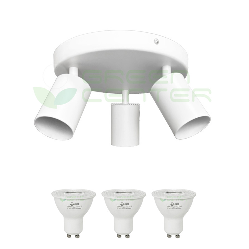 Apliqué Circular 3 Focos Dirigibles para Ampolleta GU10 – Color Blanco | Incluye Ampolletas Luz Cálida