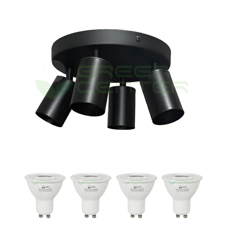 Apliqué Circular 4 Focos Dirigibles para Ampolleta GU10 – Color Negro | Incluye Ampolletas Luz Cálida