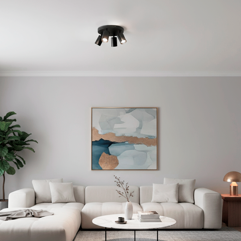 Apliqué Circular 4 Focos Dirigibles para Ampolleta GU10 – Color Negro | Incluye Ampolletas Luz Fría - Imagen 2